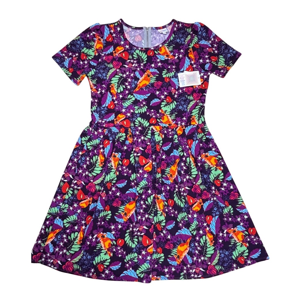 LuLaRoe Womens Amelia Dress Size 3XL Purple Tropical Bird Floral Pockets USA NWT